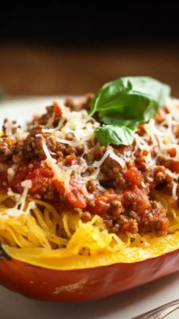 Spaghetti squash with meat sauce and cheese
