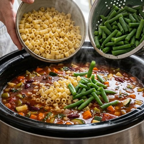 Step 4: Add the Beans and Pasta (25 Minutes Before Serving)